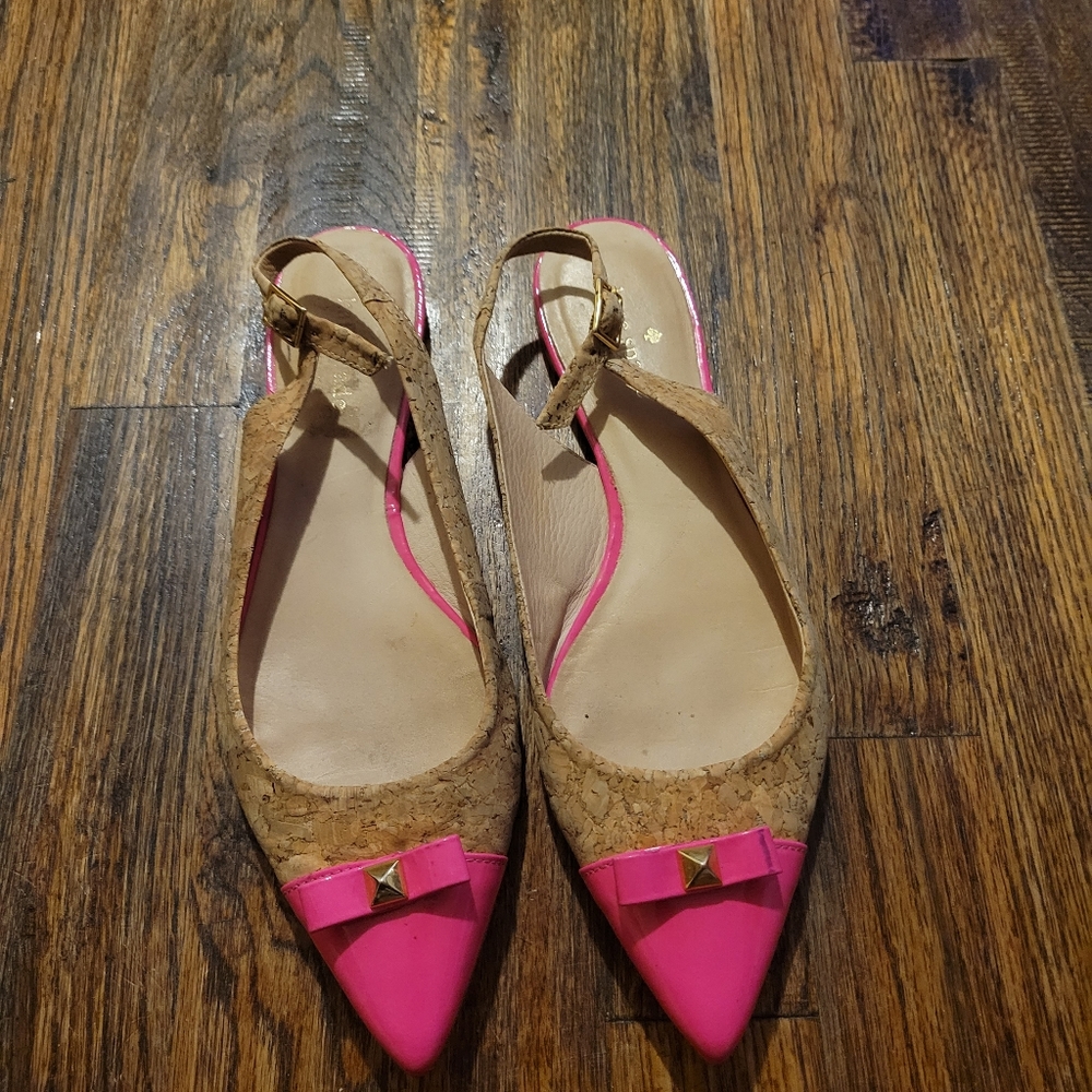 Kate Spade Cork Pointed Toe Slingback Flats with Hot Pink Trim